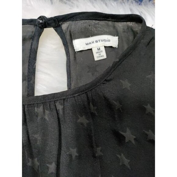 Max Studio Vintage Whimsy Goth Star Pattern Puff Sleeves Pleated Midi Dress M - Picture 9 of 16